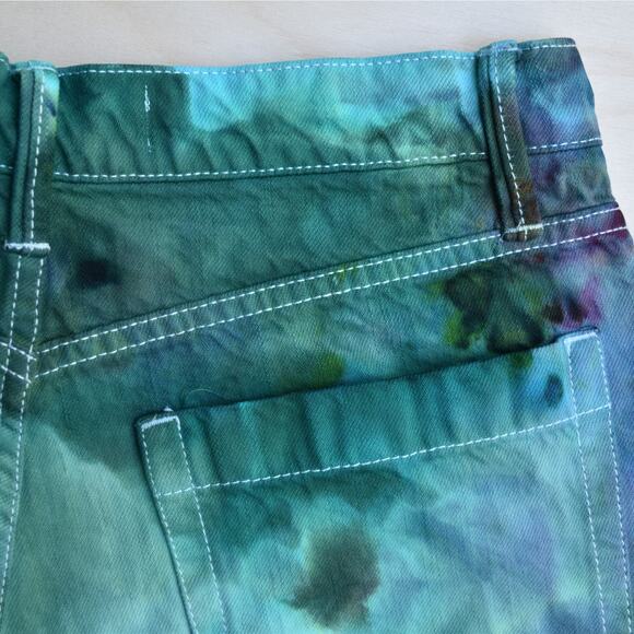 Ice Dyed Denim Shorts - High-rise Pleated - Upcycled - Jade Purple (Women's 27) - Picture 10 of 12